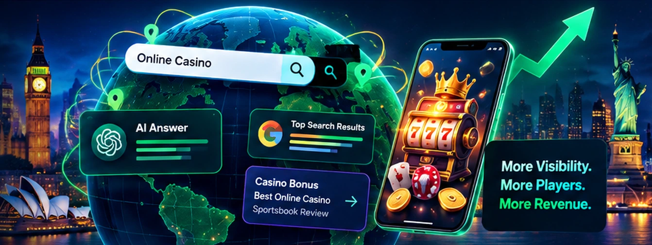 Search box, AI answer and search results panels over a globe, illustrating iGaming search visibility